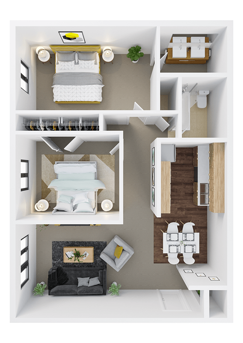 Floor plan for 2 beds, 1 bath, 864 sqft